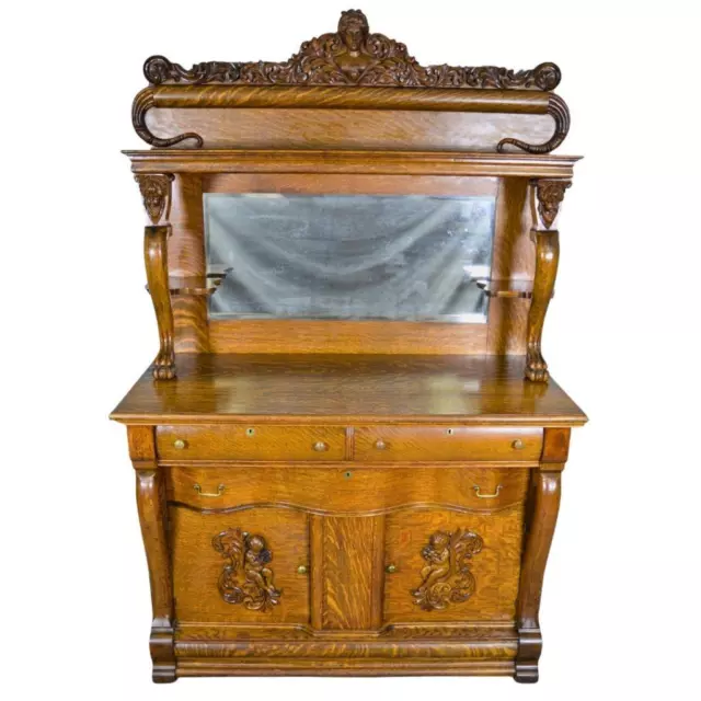Antique Victorian Oak Carved Sideboard w/ Jenny Lind Cupid & Angels #21994