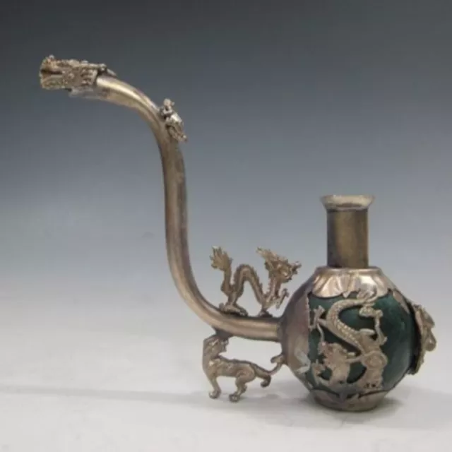 Chinese Old Handwork Tibet Silver inlay Jade Pipe Dragon Smoking Pipe Q16