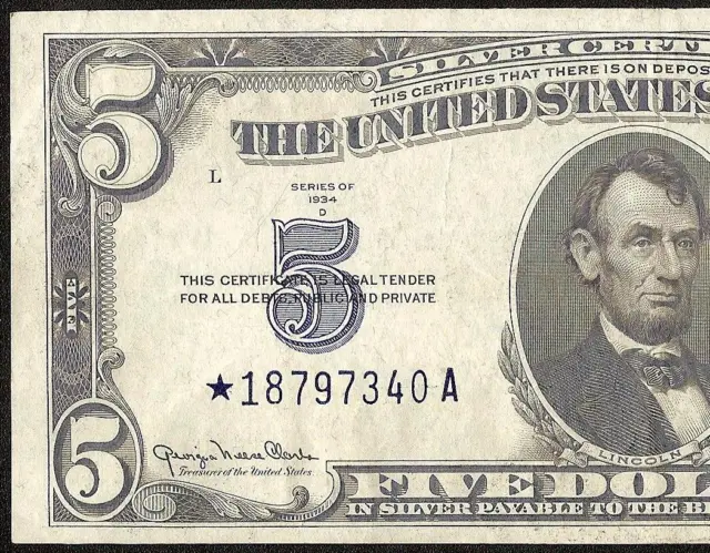 STAR 1934D $5 DOLLAR BILL SILVER CERTIFICATE BLUE SEAL NOTE PAPER MONEY Fr 1654* 2