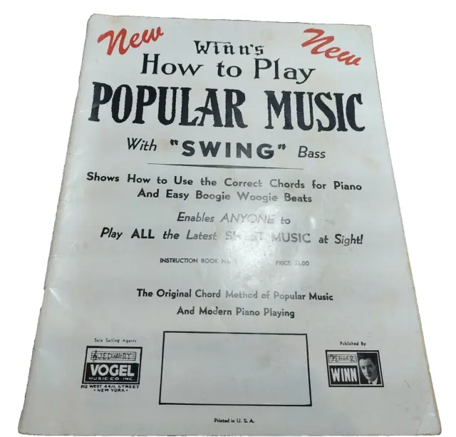 Winn's How To Play Popular Music With Swing Bass Boogie Piano Method Book 1 USA
