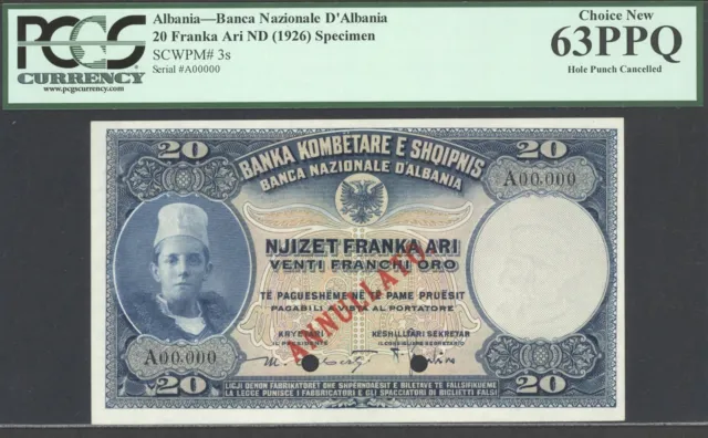 Albania, 20 Franka Ari, ND(1926), P3s, Specimen, Choice Unc, PCGS 63PPQ,