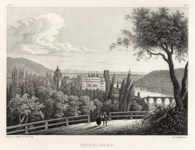 Heidelberg Schloss von Osten Original Lithografie Engelmann 1829