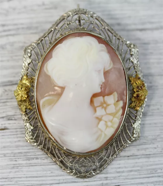 Edwardian  14K White Yellow Gold Carved Shell Cameo Brooch Filigree Pendant Lux!