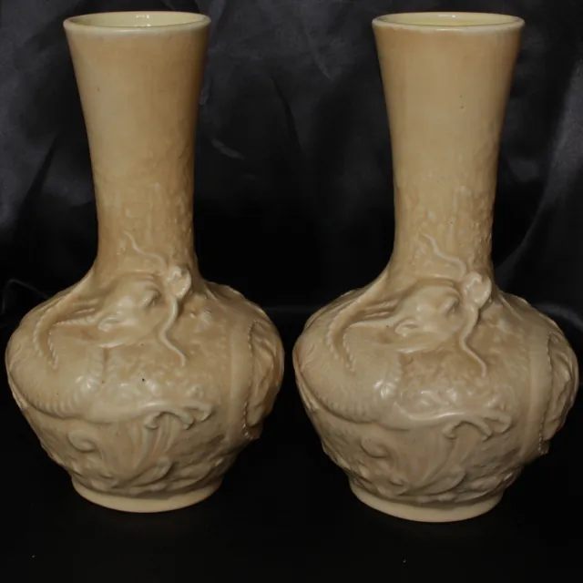 Bretby Art Pottery Pair Cream Glazed Ceramic Oriental Dragon 9" Vases, c.1910's