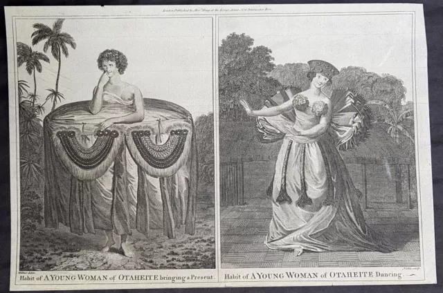 1784 Anderson Antique Print Tahitian Dancing & Cloak Gift to Capt Cook in 1777