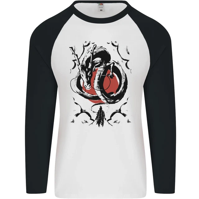 Samurai Warrior Dragon & Sun Fantasy MMA Mens L/S Baseball T-Shirt