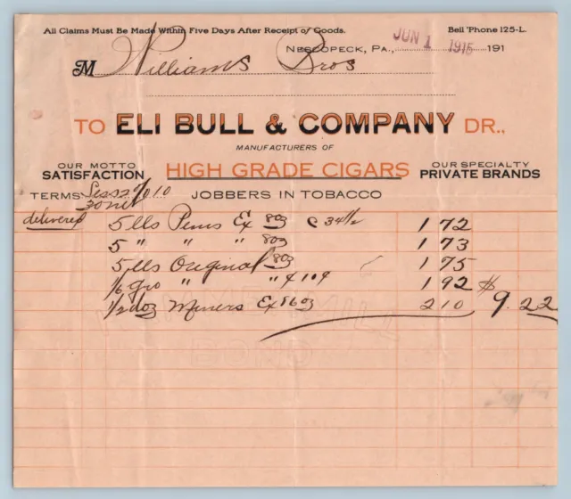 Ephemera BILLHEAD RECEIPT Eli Bull & Company Cigars June 1 1915 Nescopeck PA