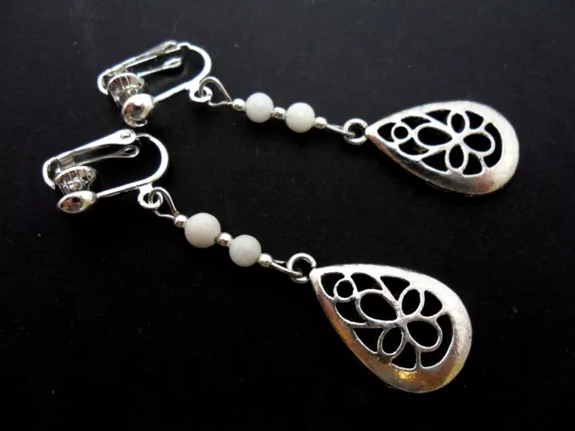 A Pair Tibetan Silver Teardrop & White Jade Bead Dangly Clip On Earrings. New.