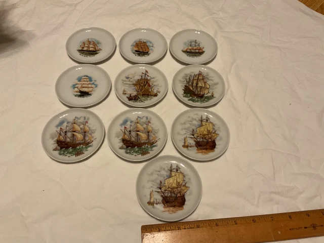Set of 10 Bareuther Waldsassen Bavaria Germany Ship Plates 3 1/2 inch