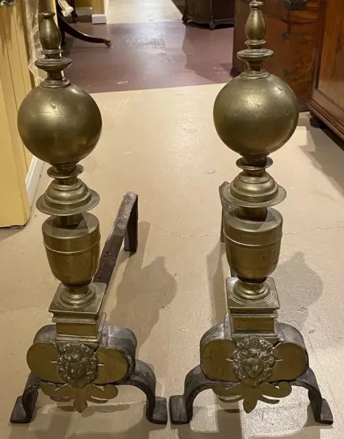 Pair of 19th Century Baroque Style Brass Andirons with Face Decoration 3