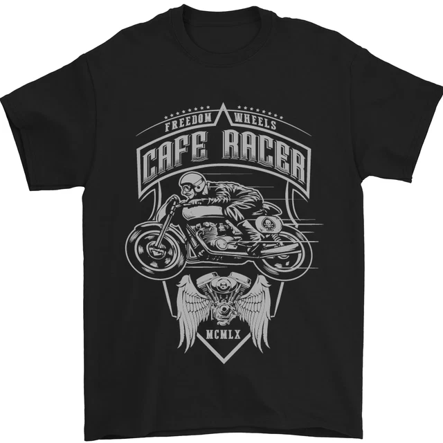 T-shirt da uomo moto Freedom Wheels Cafe Racer Biker 100% cotone