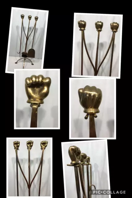 Vtg MICKEY MOUSE DISNEY Solid Brass Fireplace Tool Set 4 Piece Glove Hand D23