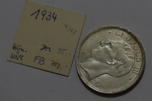 Belgium 20 Francs 1934 Silver High Grade B46 #Z9385