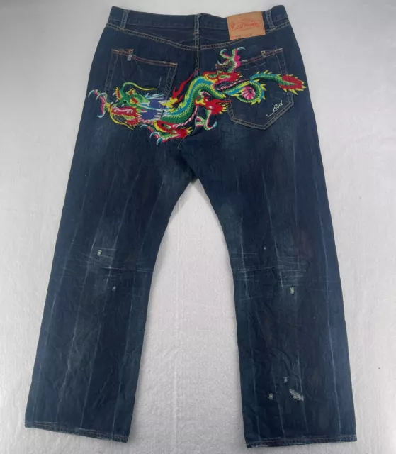 Ed Hardy 2008 Blue Denim Jeans Flying Dragon Mens Size 38x32 Embroidered