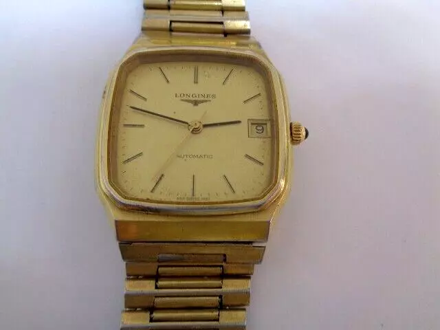 Longines Mens Watch Date Calendar Automatic Gold Dial Square GoldPlated Flagship