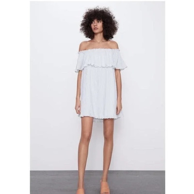 Zara Off Shoulder Mini Dress White Pleated Ruffle Cocktail Pure Cotton Size M