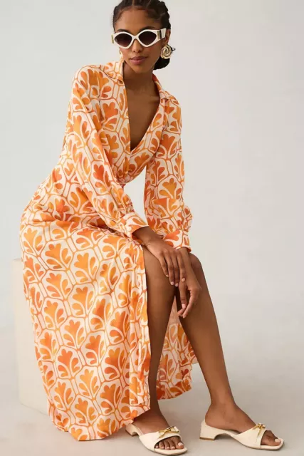 Anthropologie Maeve Printed Wrap Shirt Dress  size 10 new with tag orange color