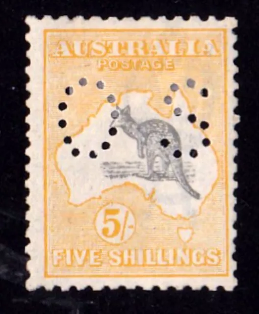 Australia 1918 Kangaroo 5/- Grey & Yellow 3rd Wmk Perf OS MH - Ewe-Faced Variety