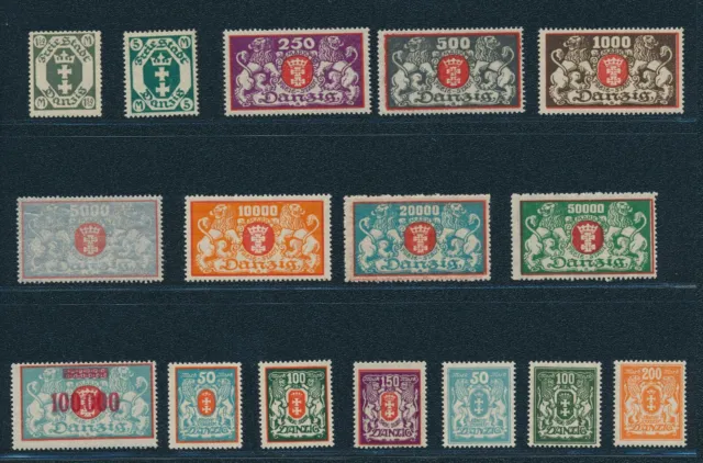 Briefmarken-Danzig 1921, Lot aus 16 */** Werten in guter Erhaltung
