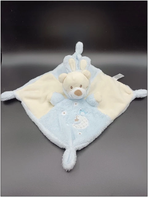 Doudou Plat Ours Bleu Et Beige Crème Déguisé Lapin - Auchan
