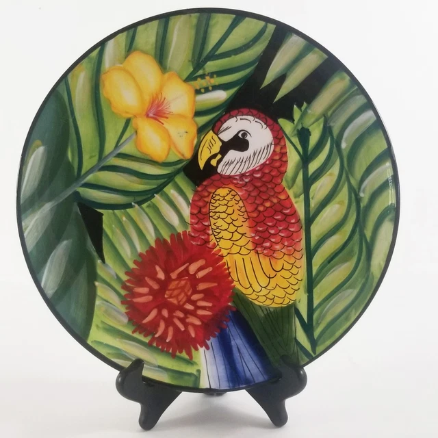 Tropical Parrot Plate 10" Heartfelt Kitchen Creations 2004 Bird Leaves Flowers