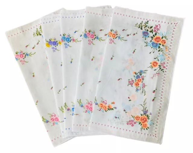 5 x Ladies Hankies Handkerchiefs White Floral Print Cotton Polyester