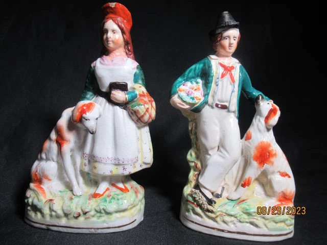 Pair Antique English Staffordshires Young Boy & Girl Each w/dog - mid 19th cent.