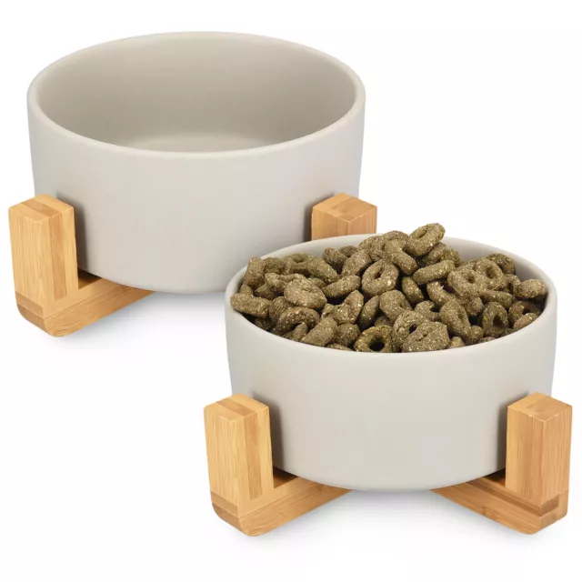 Set de 2 comederos de cerámica para gatos y perros con soporte de madera