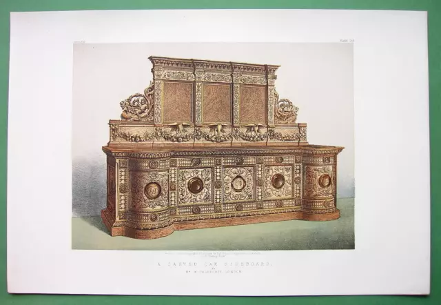 SIDEBOARD Made of Carved Oak English Design - 1862 VICTORIAN Color Print