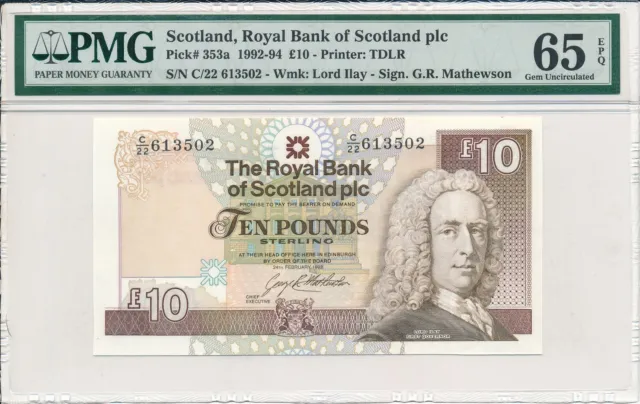 Royal Bank of Scotland plc Scotland  10 Pounds 1993  PMG  65EPQ