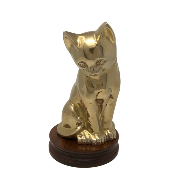 Vintage MCM Heavy Solid Brass Cat Figure Statue Sitting On Wood Stand 7" Decor