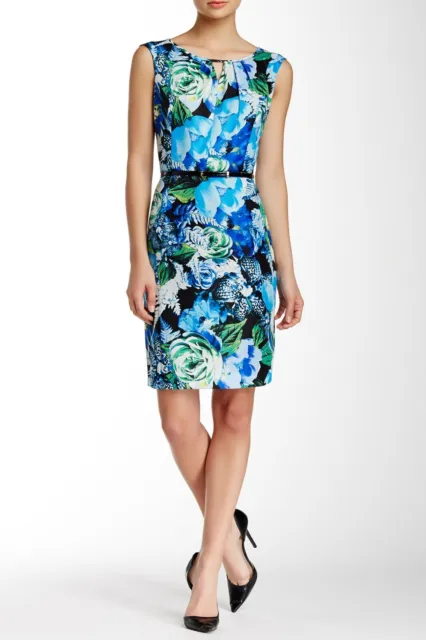 Ellen Tracy NWT Elegant BLUE MULTI Keyhole Floral Belted Sheath Dress sz 2,4,6,8