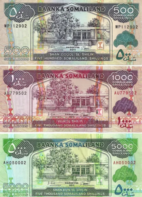 Somaliland 500,1000 & 5000 Shillings 2011  Uncirculated 3 Notes