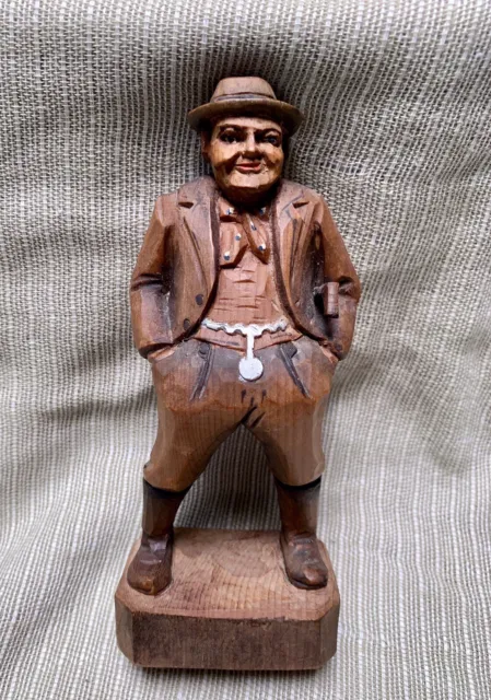 German Carved Wood Swaggering Man w/ Pocket Watch Hands in Pocket VTG Humorous