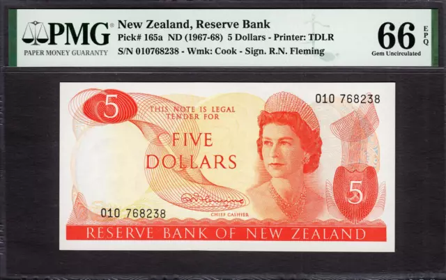 New Zealand 5 Dollars ND (1967-68) Fleming Prefix- 010 P-165a GEM UNC PMG 66 EPQ