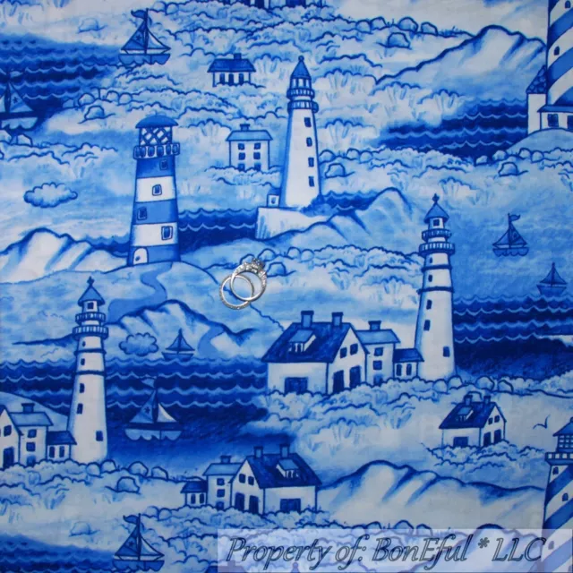 BonEful Fabric FQ Cotton Quilt Blue Tonal Water Scenic Ocean Sea Lighthouse Home