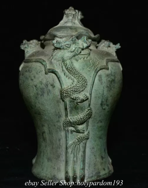 7.6" Ming Marked Old Chinese Bronze Dynasty 5 Dragon Lid Bottle Vase Statue