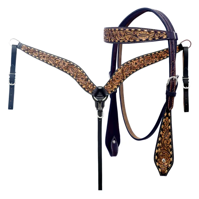 36RK Hilason Western Horse Floral Hand Carved Headstall Breast Collar Set