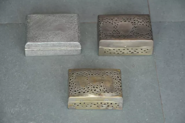 3 Pc Old Brass Jali Cut Engraved Handcrafted Betel Nut Boxes