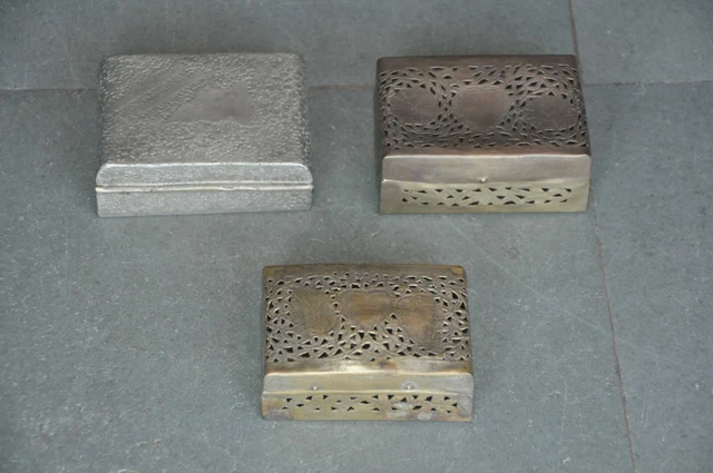 3 Pc Old Brass Jali Cut Engraved Handcrafted Betel Nut Boxes