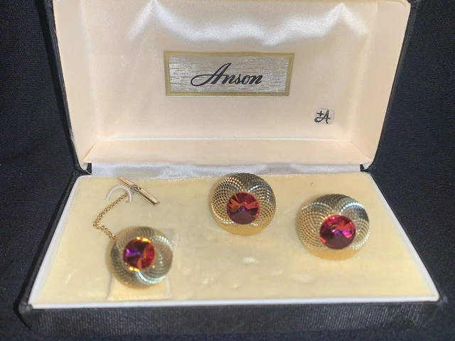 Vintage Anson Cuff Link & Tie Tac Set Gold Tone w/ Deep Rose Pink Glass Stones