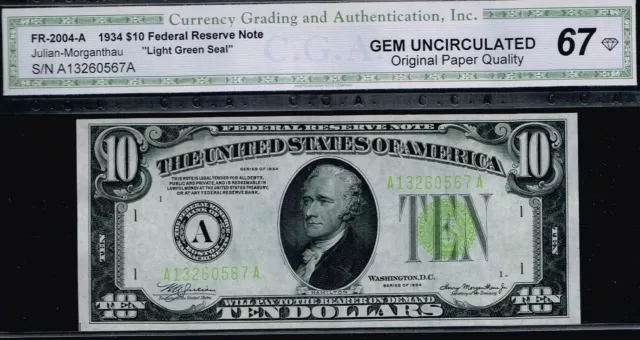 LGS. LIGHT GREEN SEAL. $10 1934 Boston. GEM Uncirculated.  Fr. 2004-A.