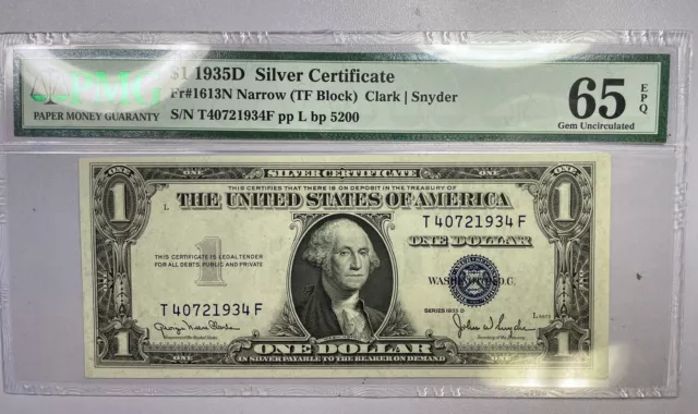 Fr.1613N Narrow $1 Silver Certificate 1935 D No Motto-PMG 65 EPQ Gem Unc.
