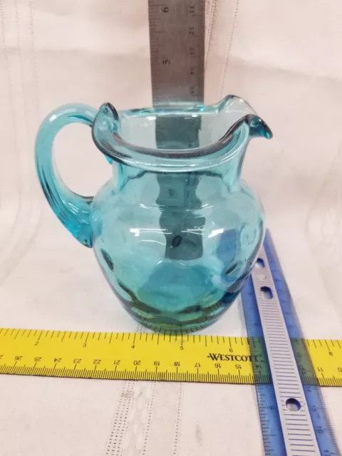 Blue Optic Glass Small Pitcher Hand Blown Applied Handle 4.5” coin dot