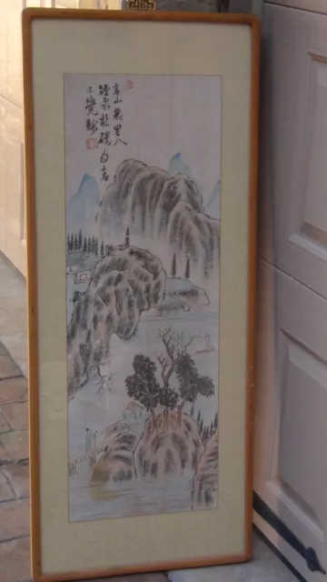 ANTIQUE 19c KOREAN WATERCOLOR ON SILK OF LANDSCAPE SCENE W/MOUNTAINS & BRIDGE