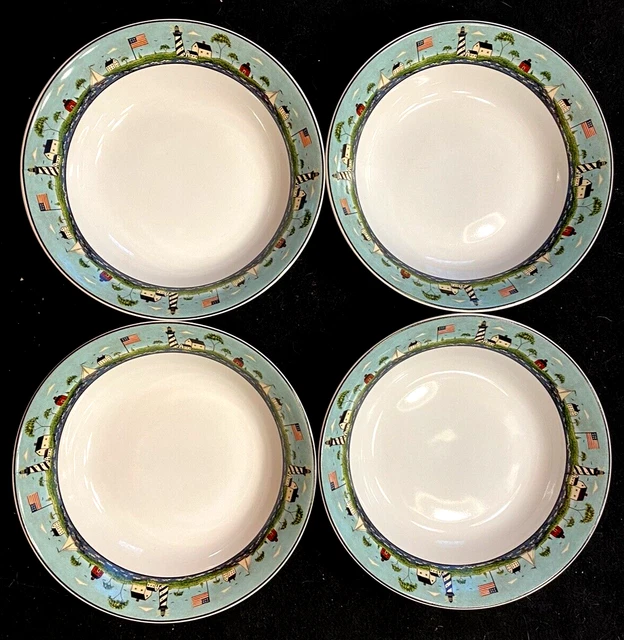 4 Sakura Warren Kimble Coastal Breeze Lighthouse Flag 7 1/2" Soup Salad Bowls
