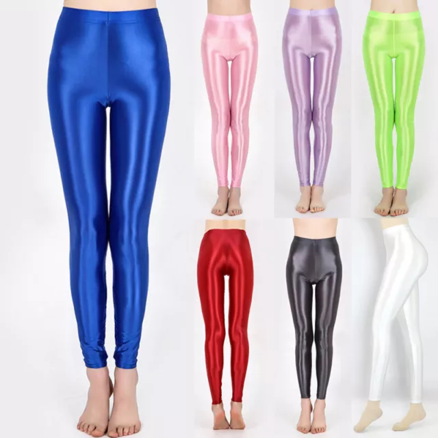 Womens Shiny Glossy Stretchy High Waist Yoga Pants Workout Dance Skinny Leggings