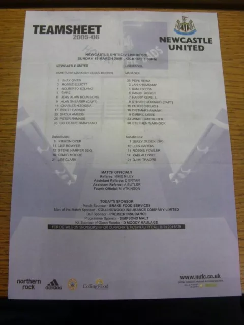 19/03/2006 Colour Teamsheet: Newcastle United v Liverpool  (Creased, Folded). Fo