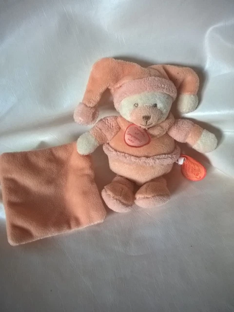 doudou peluche MOUCHOIR ours Douceur Macaron ORANGE DOUDOU ET COMPAGNIE