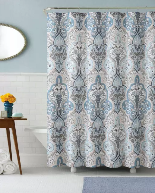 Calais Dobby Fabric Shower Curtain: iKat Floral Design (Blue-Brown-White) NWOP